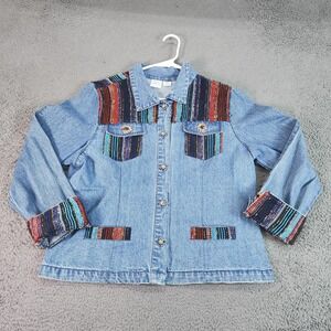 BLEO BAYOU Jacket Womens Large Blue Denim Western Beaded Striped Pockets